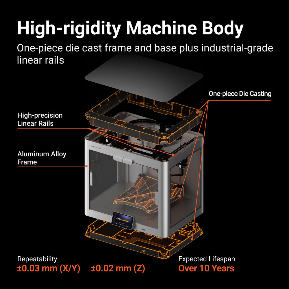 High-rigidity Snapmaker J1s frame showcasing one-piece die casting and industrial-grade linear rails for stability.