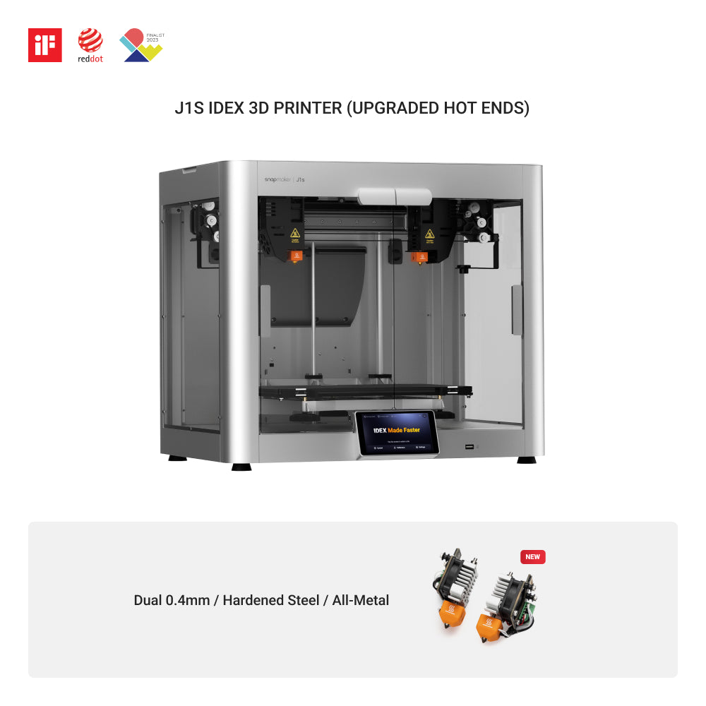 Snapmaker J1s high-speed dual extruder 3D printer with upgraded hot ends and dual 0.4mm hardened steel all-metal extruders.