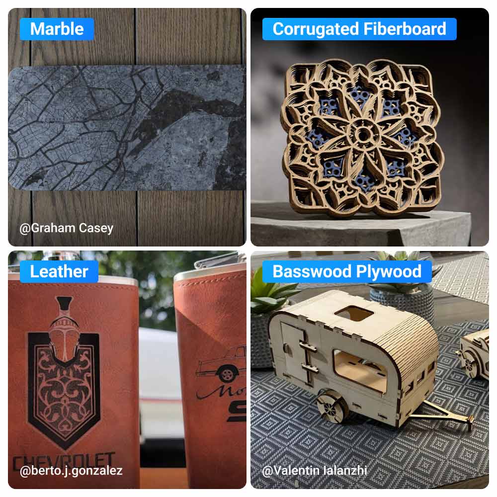 Snapmaker 2.0 Modular 3D Printer displaying versatility with marble, leather, and plywood projects.