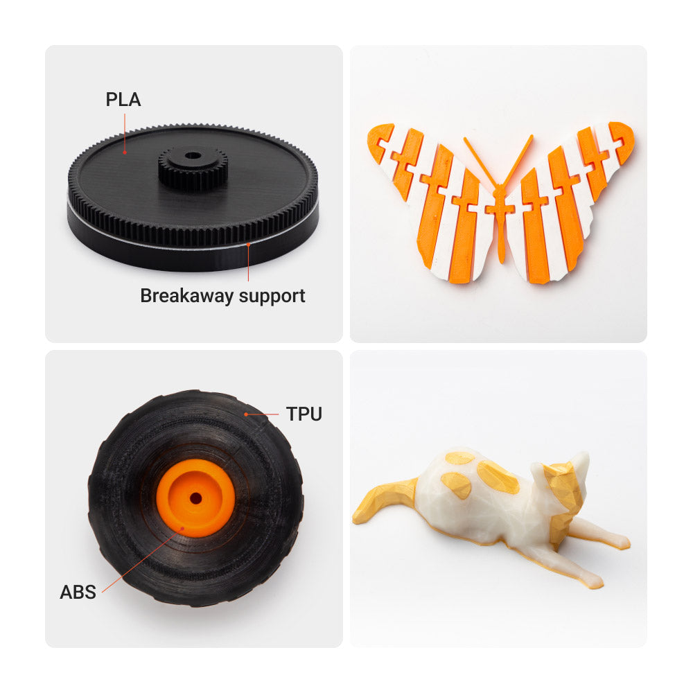 Samples of 3D printed objects with PLA, TPU, and ABS materials using Snapmaker J1s dual extruder 3D printer.