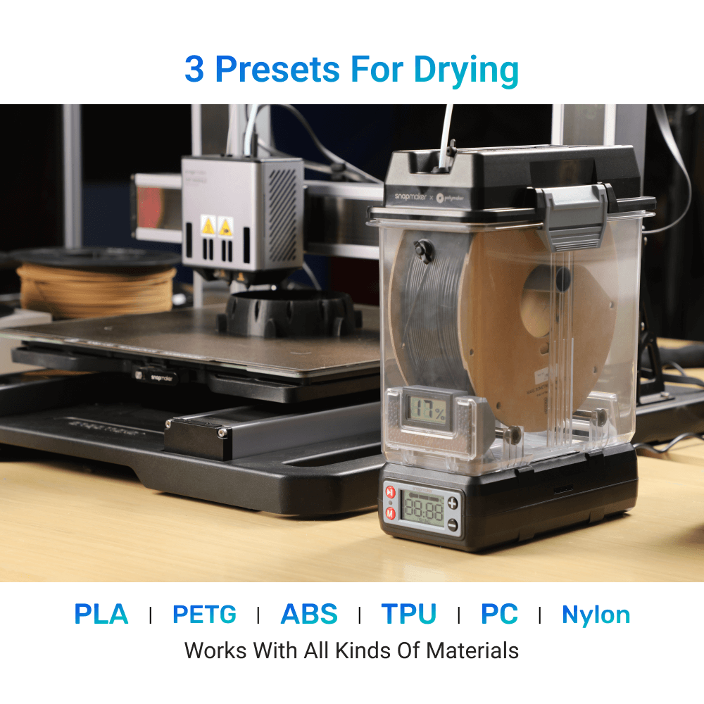 SnapDryer versatile filament dryer for materials like PLA, PETG, ABS, and more to ensure dry filament.