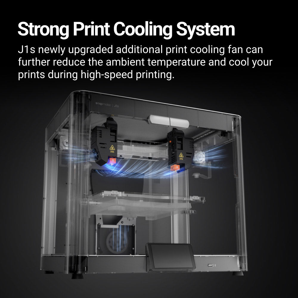 Snapmaker J1s dual extruder 3D printer equipped with an advanced print cooling system to enhance performance.