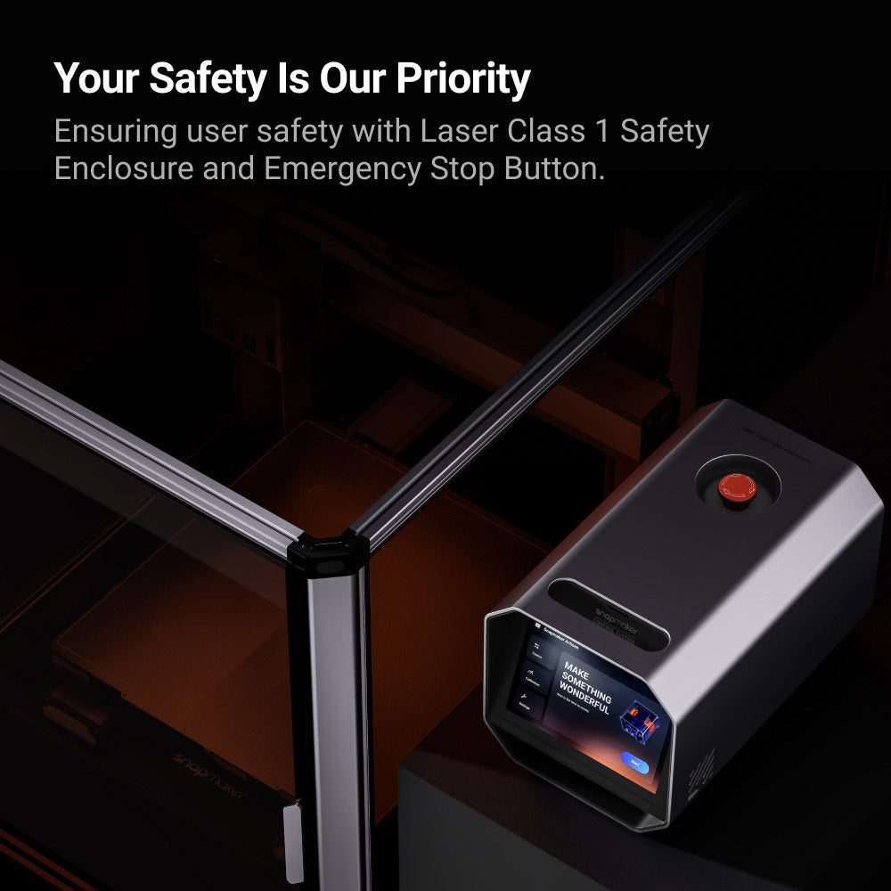 Safety-focused features on the Artisan 3-in-1 3D printer with laser class 1 safety enclosure and emergency stop button.