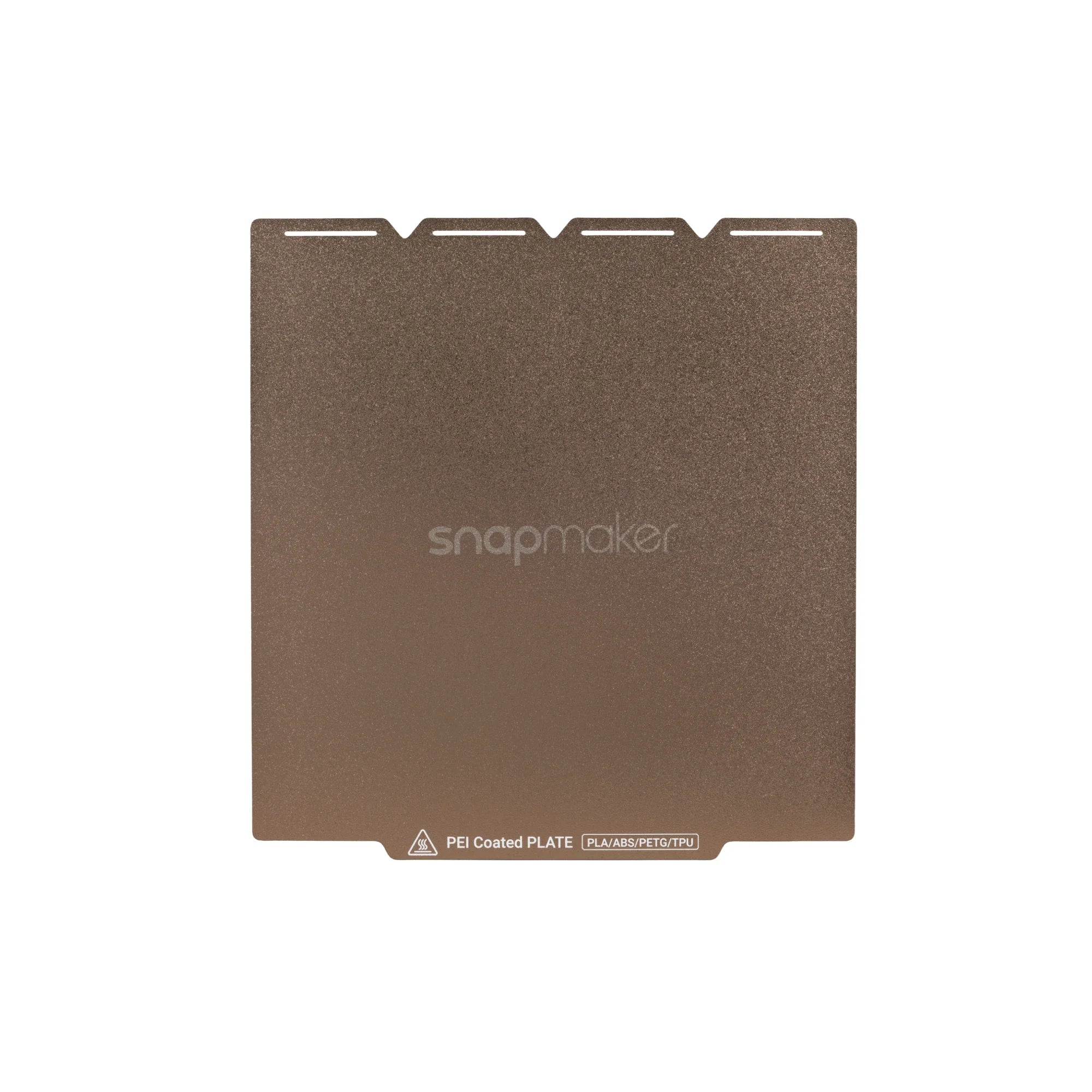 Textured PEI Steel Plate for Snapmaker U1 is shown from above, with a fine-grain surface for reliable print adhesion.