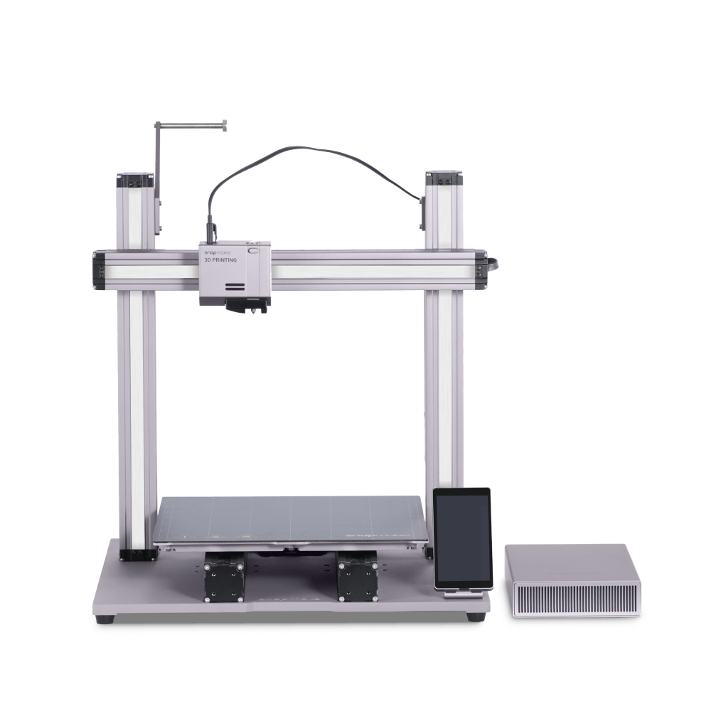 Eine Gesamtansicht des 3D-Druckers Snapmaker 2.0 mit dem Druckmodul, dem Bedienbildschirm und der Basiseinheit.