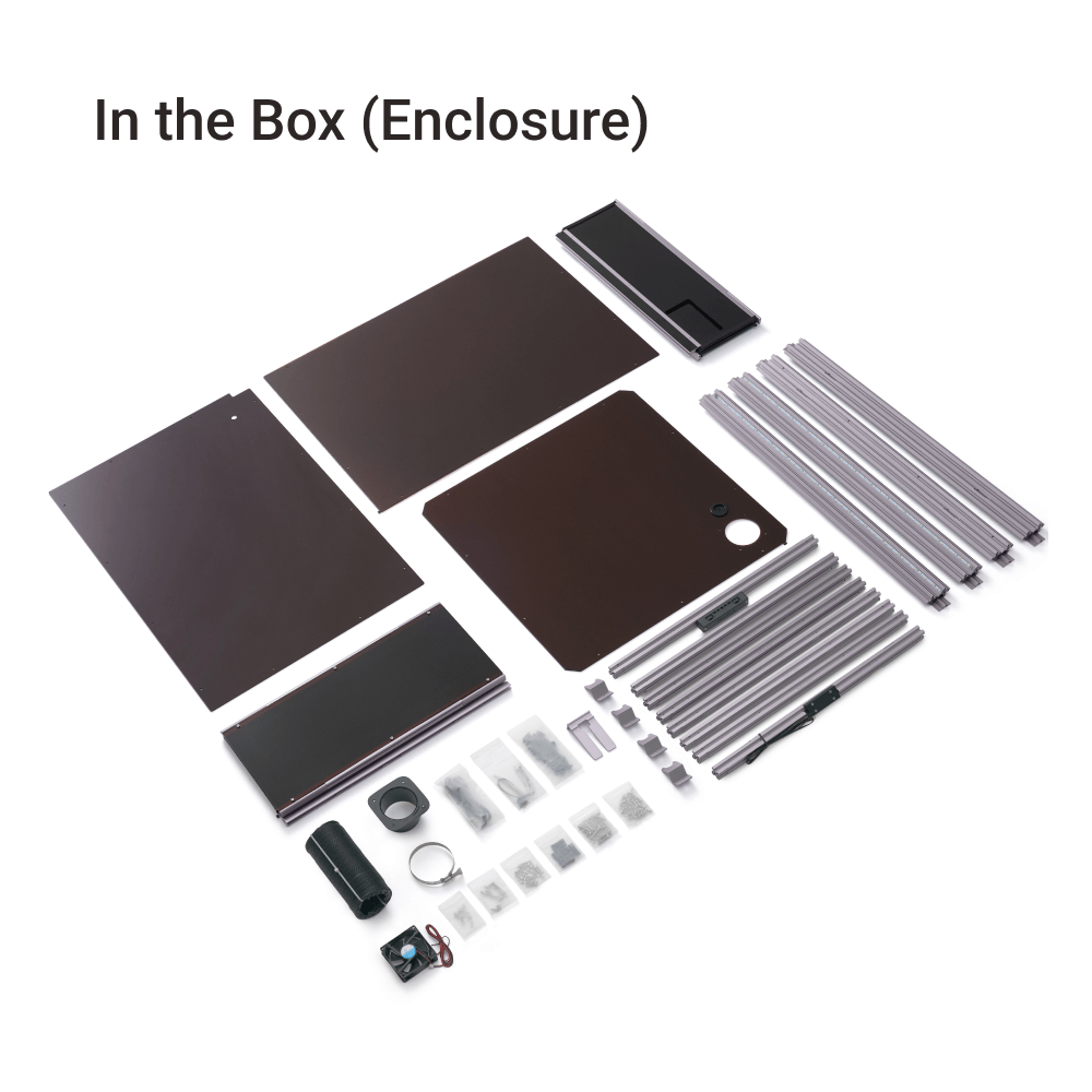 Components of Snapmaker enclosure kit, featuring panels and assembly parts for enhancing machine safety and stability.