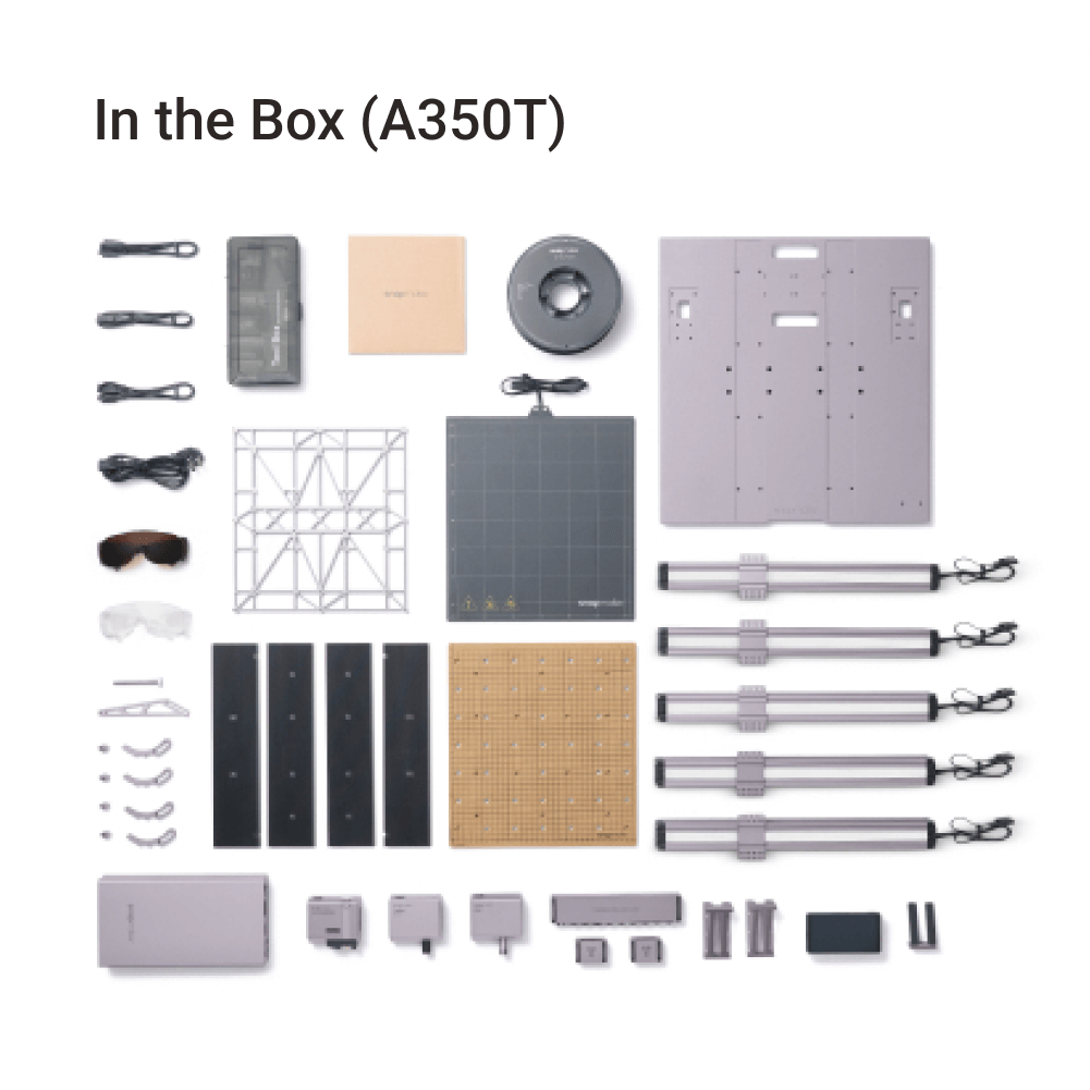 Snapmaker 2.0 A350T 3-in-1 3D Printer showcases tools and parts for assembly and customization.