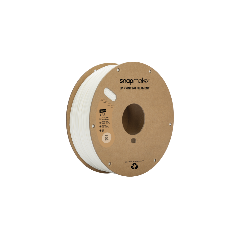 Snapmaker white ABS filament spool, designed for durable and precise 3D printing projects.