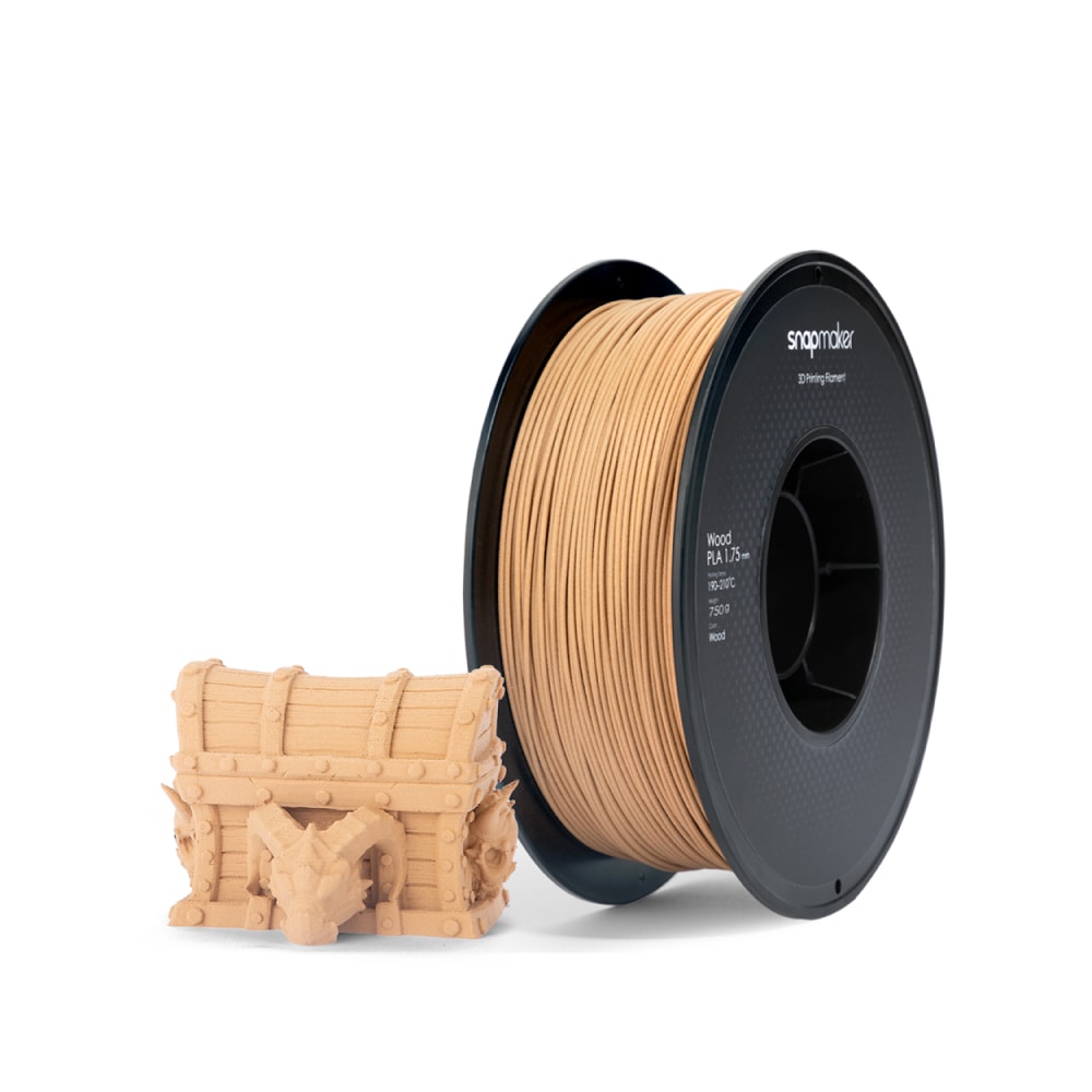 Das Snapmaker Wood PLA-Filament, hier zusammen mit einem gedruckten Modell abgebildet, besticht durch seine natürliche, holzähnliche Struktur.