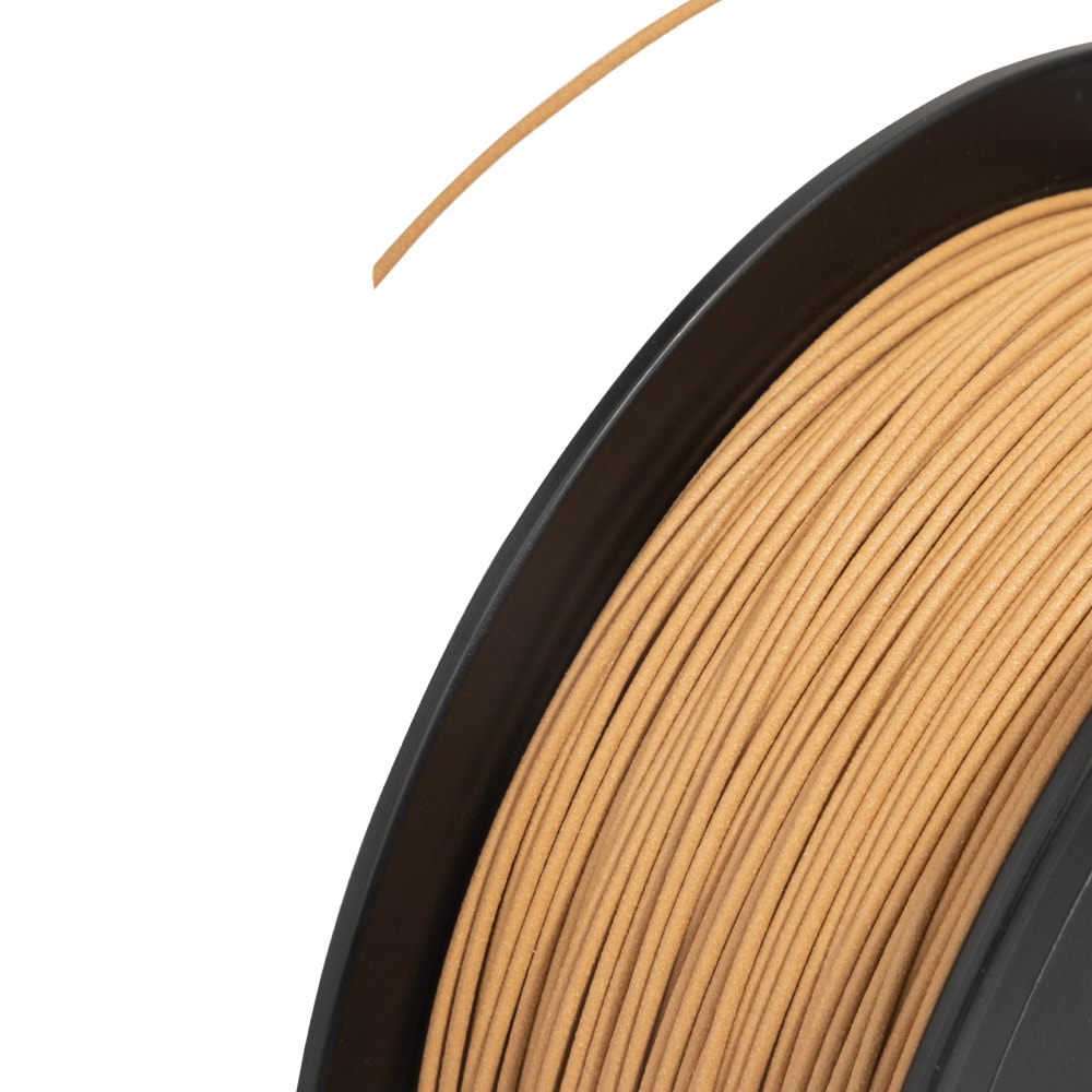 Nahaufnahme einer Snapmaker-Spule mit 1,75 mm Holz-PLA, die besonders die umweltfreundliche, holzähnliche Optik hervorhebt.